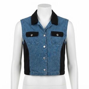 Frankie D Vintage Y2K 90s Blue Denim Black Contrast Panel Collared Vest M Indie